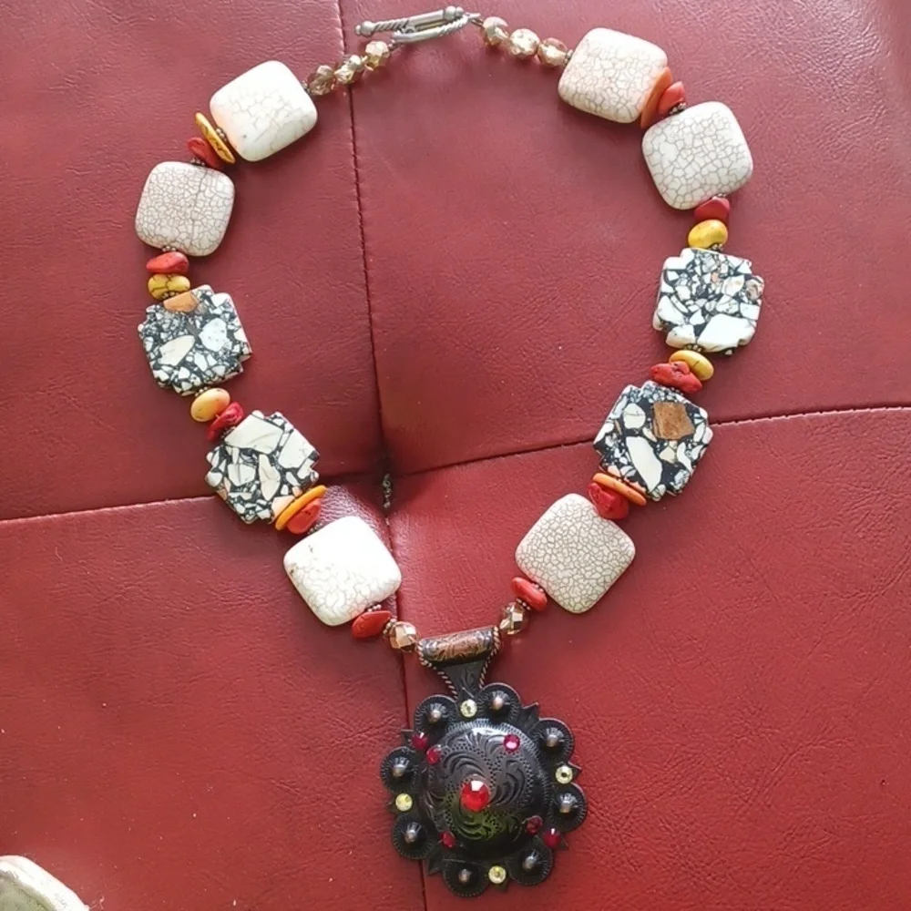 Trigg Leather Heavy Howlite Concho Necklace ( concho is changeable!) 17.5